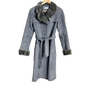 Balmain Authentic Gray Faux Fur Lined Faux Suede Belted Winter Coat Size Small